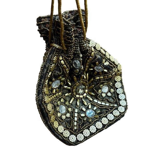 Beaded evening bag black pouch style vintage dressy purse rhinestones beads - Picture 4 of 9